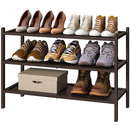 Bamboo Shoe Rack for Entryway, 3-Tier Stackable | Foldable | Natural, Shoe Organizer for Hallway Closet, Free Standing Shoe Racks for Indoor Outdoor