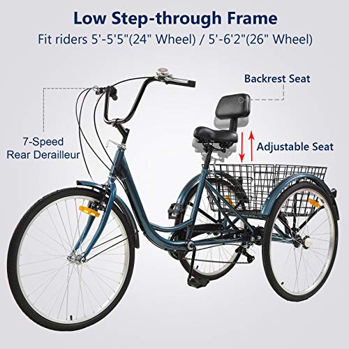 Adult Tricycles 7 Speed, Adult Tricycle Trikes 24/26 inch 3 Wheel Bikes, Three-Wheeled Bicycles Cruise Trike with Shopping Basket for Seniors Women Men, Men\'s Women\'s Cycling Exercise Recumbent Bike - Thumbnail 3