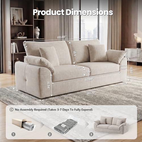 Image of 89.8 inch Modern Loveseat Sofa for Living Room, Cloud Boneless Couches with 4 Pillows, Mid Century Loveseat couches for Small Place, No Assembly Required, Camel