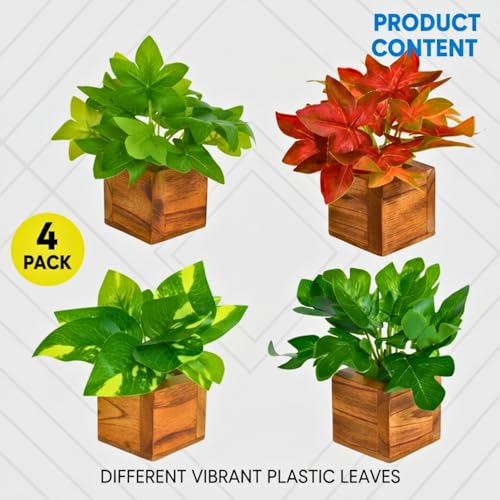 Image of DecoreBugs Artificial Leaves Potted Plants in Wooden Pot (4 Pack) Money Plant | Small Plants for Home Decor | Office Decor