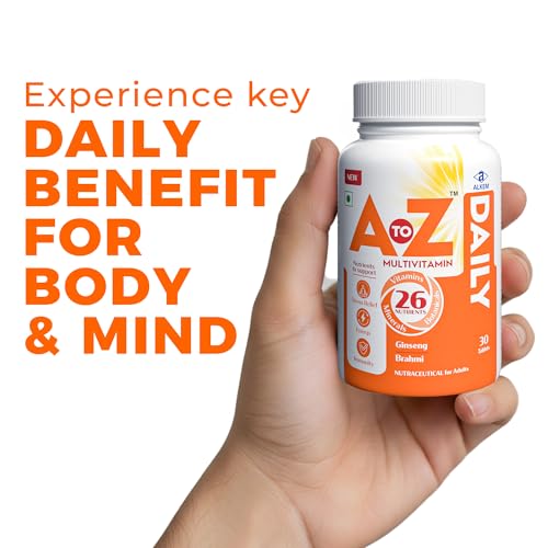 Image of A to Z Daily Multivitamin for Men & Women | 26 Essentials Vitamins & Minerals with Ashwagandha, Brahmi, Ginseng & L-Theanine | Energy, Immunity & Stress Support | 30 Veg Tablets