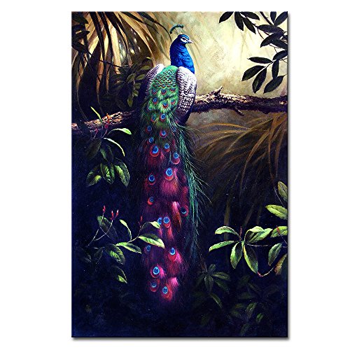 DINGDONG ART- Purple Peacock Canvas Wall Art Painting Framed Animal Poster Artwork Flower with Tree Picture for Living Room, Bedroom Decor 1 Pcs