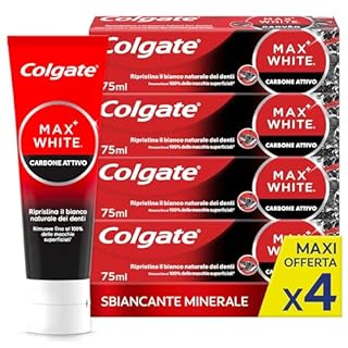 Colgate Dentifricio Sbiancante Max White Carbon 4 Confezioni da 75 ml I Dentifricio Minerale Delicato Al Carbone Attivo Per Denti Bianchil I Sbiancantemento denti I Bianco naturale