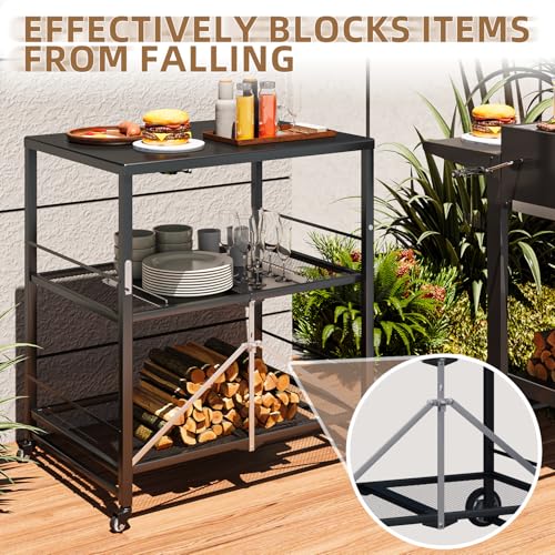 UNIONLINE Foldable Stainless Pizza Oven Table,3-Tier Outdoor Grill Cart Trolley on Wheels, Garden Dining Cart Movable BBQ Stand Black - Image 3