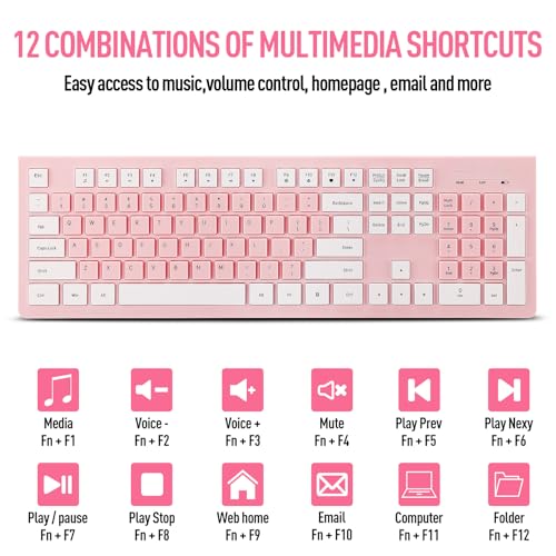 Image of Wireless Silent Keyboard and Mouse Combo, Ultra-Slim Sleek Design Full-Sized Wireless Keyboard and Adjustable DPI Mouse, 2.4GHz USB Receiver for PC, Windows, MAC, Desktop, Laptop (Pink)