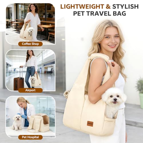 Dog Purse Carrier for Small Dogs and Cats, Soft-Sided Pet Tote Bag with 6 Large Pockets, Collapsible Travel Puppy Carrier with Small Cushion, Fits Pets up to 6 lbs (Beige, 13.6" L x 6.6" W x 10" H) - Image 7