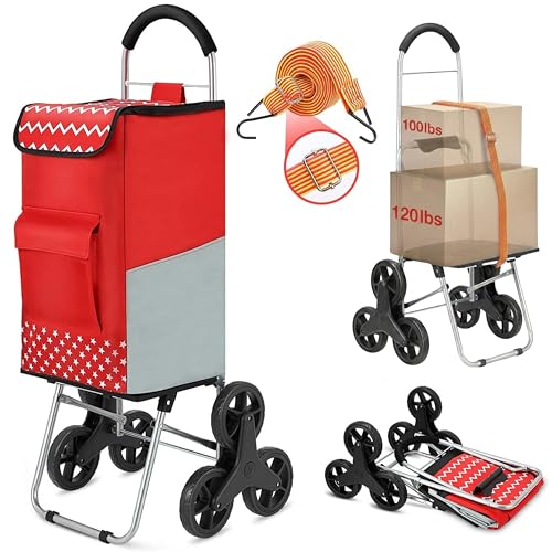 Shopping Cart, Super Loading Stair Climber 220 lbs Capacity Grocery Foldable Cart with Extra Large Shopping Bag Laundry Utility Cart with Adjustable Bungee Cord, red