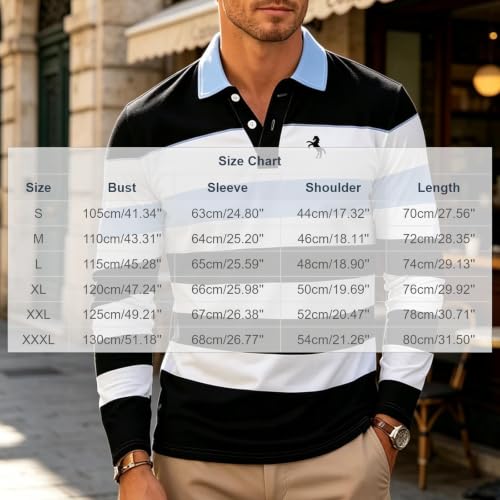 Stylish Mens Long Sleeve Striped Polo Shirt Trendy Collared Pullover - Image 4