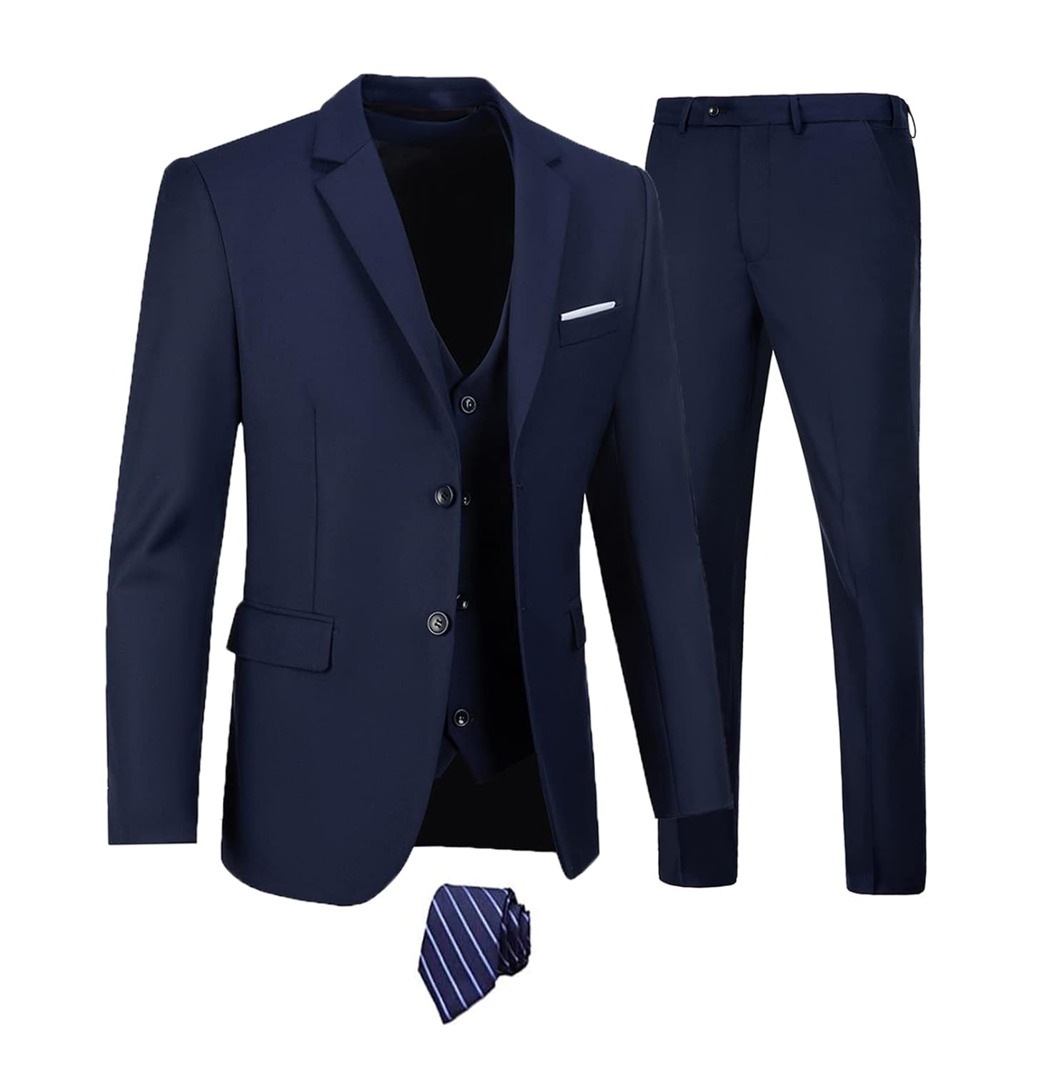 Furuyal Terno masculino de 3 peças, caimento justo, com dois botões, para casamento, negócios, smoking, blazer, jaqueta, colete e calça com gravata, Azul marino