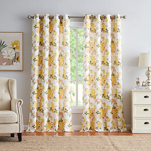 July Joy Bedruckte Vorhänge mit gelbem Blumenmuster, Goldfolie, Verdunkelungsvorhänge, Blumenblatt-Feder-Design, für Wohnzimmer, Esszimmer, Raumverdunkelung, 132 x 244 cm (B x L) Cover