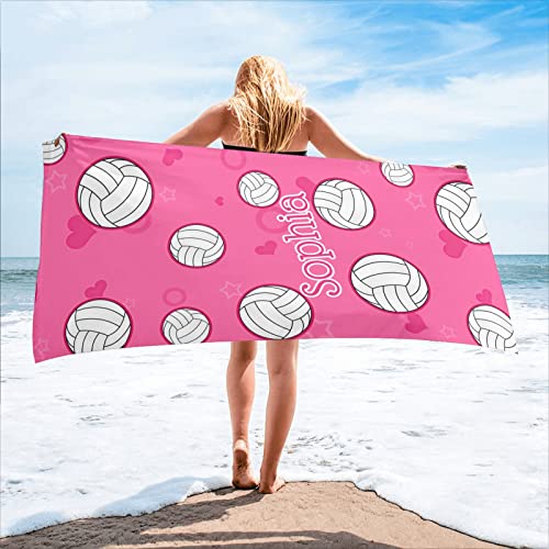 XOZOTY Cute Volleyball Pattern Pink Personalized Beach Towel Custom Name Microfiber Quick Dry Bath Towel Blanket 30 x 60 inch,Double Sides Printed