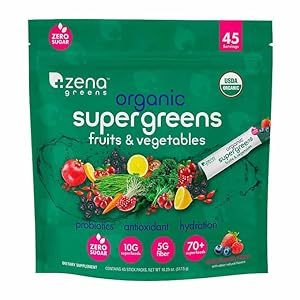 Zene Greens Organic Superfood Blend | Probiotics, Antioxidants, Hydration | 10g Superfoods, 5g Fiber | 70+ Superfoods | 45 Packets