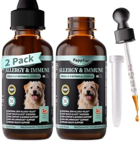 Allergy & Immune Supplement for Dogs - Omega 3-6-9 Liquid Drops for Seasonal Allergy Support, Skin Itch Relief, Less Shedding, Coat Health - with Biotin, Turmeric - Beef Flavor - 2 FL.OZ