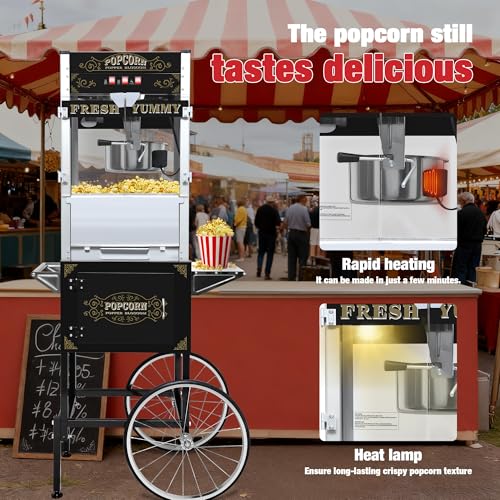 Image of 20 oz Commercial Popcorn Machine Cart - Sleek Black Popcorn Maker with Storage Stand and Wheels for Home Theaters, Parties and Concession Stands