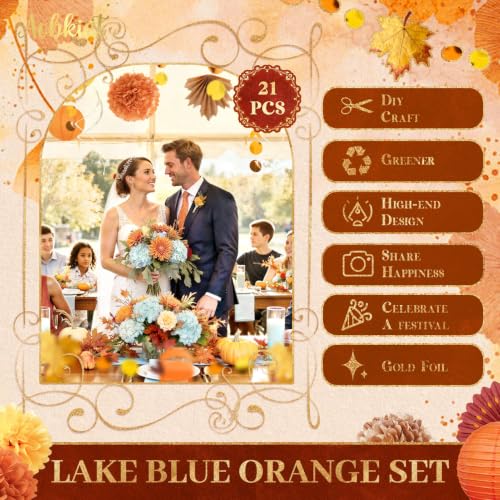 Image of AOBKIAT 21PCS Fall Party Decorations Kit,for Baby Shower,Birthday | Autumn Home Decor wirh Paper Pom Poms,Lantern,Maple Fan,Pumpkin Garland,Swirls,for Rustic Wedding,Thanksgiving,Harvest