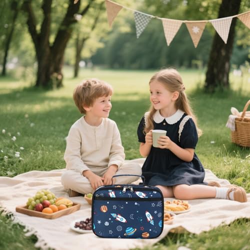 Image of Lunch Box for Kids Boys Insulated Lunch Bags Toddler Lunch Tote Bag Thermo Picnic Cooler Bag for School Children (Spaceship-Navy Blue)