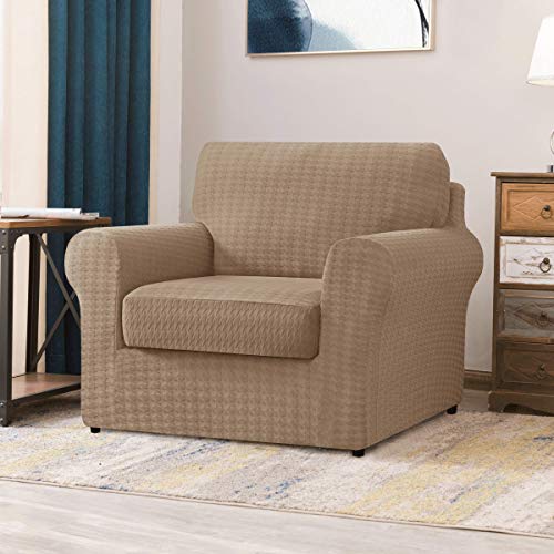 Chun Yi 3 Piece Armchair Sofa Cover, 1 Seater Stretch Couch Slipcover With One Separate Backrest And Cushion With Elastic Band, Houndstooth Fabric(Camel) #TOP1