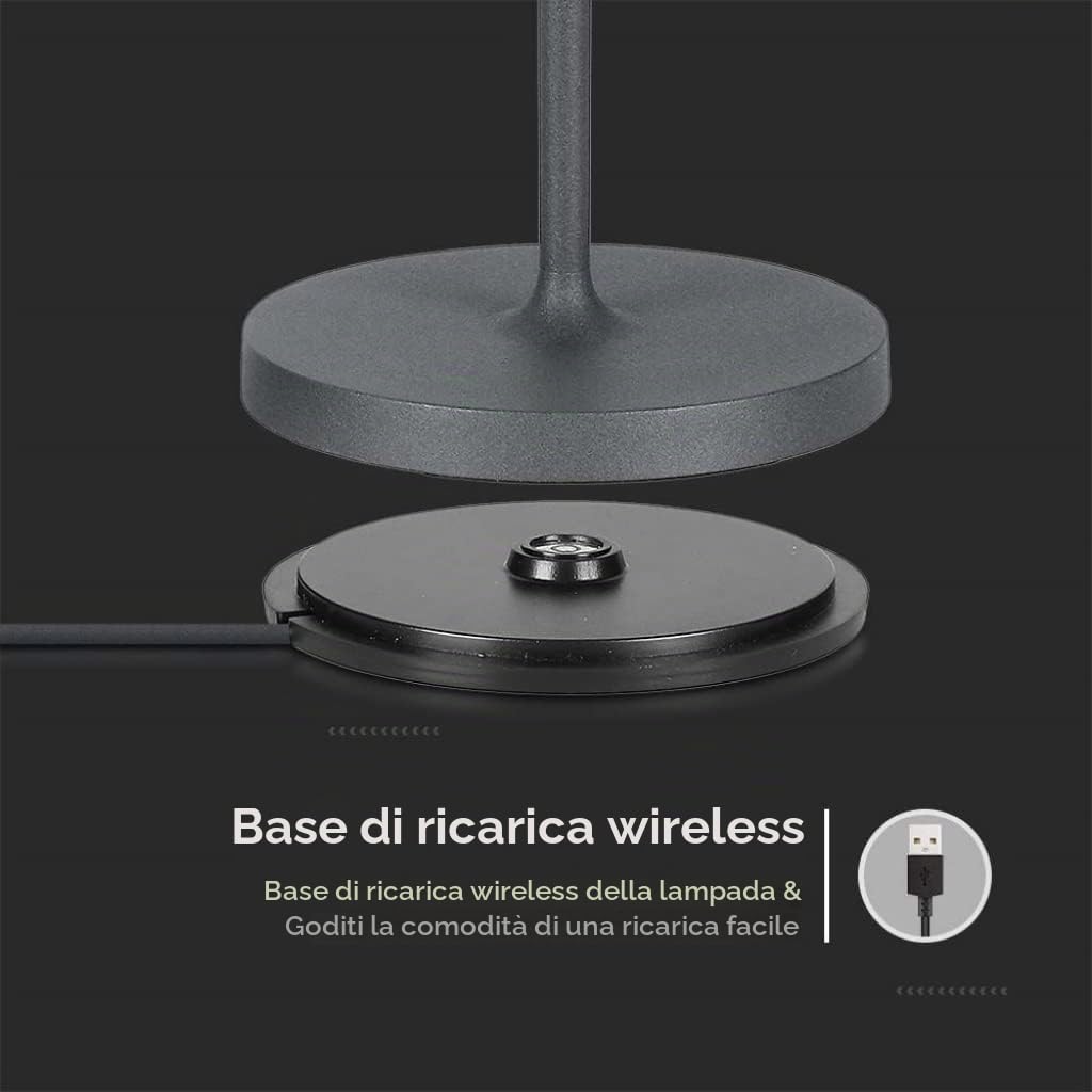 V-TAC Lampada da Tavolo senza Fili LED Dimmerabile in Alluminio – Lampada Grigia Wireless per Uso Interno ed Esterno IP54 da Casa o Ristorante – Design Elegante – Luce Bianca Calda