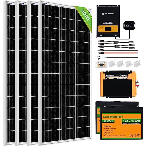Eco-Worthy 3.2Kwh 800W Solar Panel Kit System For Home House: 4Pcs 195W Solar Panels + 1Pc 2000W Solar Inverter + 1Pc 60A Mppt Controller + 2Pc 12V 100Ah Lithium Battery #TOP10