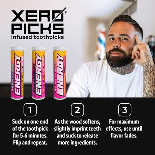 Image of Xero Picks Energy Caffeine Flavored Toothpicks B12 for Focus & B6, 60 Picks (Pack of 3) (Fruit Punch) Sugar-Free Alternative to Energy Mints & Gum - Kosher
