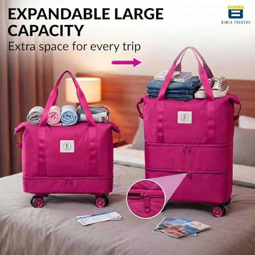 Image of Btag Travel Duffle Bag with Wheels | Convertible Handbag, Trolley & Shoulder Luggage for Clothes | Space-Saving Foldable Travel Companion | Expandable & Waterproof Traveling Bag for Unisex (Magenta)