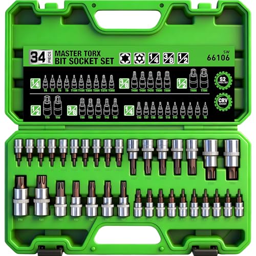 SWANLAKE GARDEN TOOLS 34-Piece Torx Bit Socket Set, Tamper Proof T6-T70, Solid Star Bits Set, Premium CR-V & S2 Alloy Steel Star Socket Sets, Torque Bit Sets with Storage Case