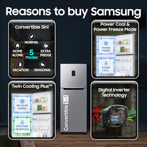 Image of Samsung 301 L, 2 Star, Convertible 5-in-1 Digital Inverter with Display Frost Free Double Door Refrigerator (RT31H4522S9 /HL, Silver, Refined Inox, 2026 Model)