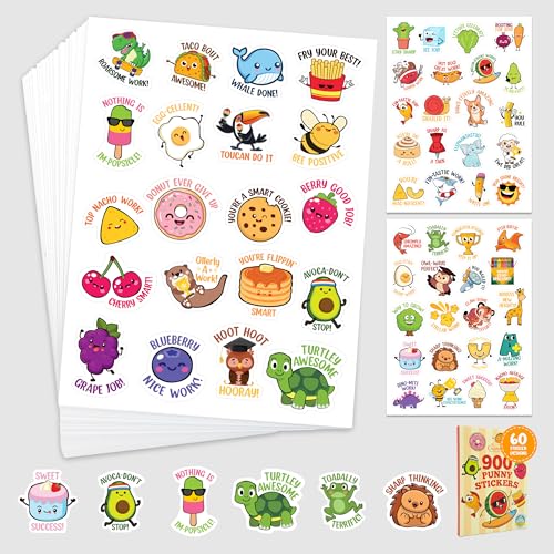 Decorably 900 Punny Teacher Stickers for Kids Classroom - 45 Sheets with 60 Fun and Colorful Designs for Classroom Activities, Positive Reinforcement,...