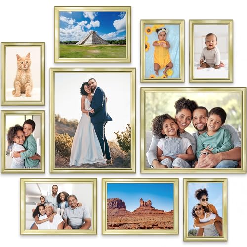 Icona Bay Combination Gold Picture Frames Set - 10 PC (Five 4x6, Three 5x7, Two 8x10), Classy Contemporary Style, Maestro Collection for Wall Gallery