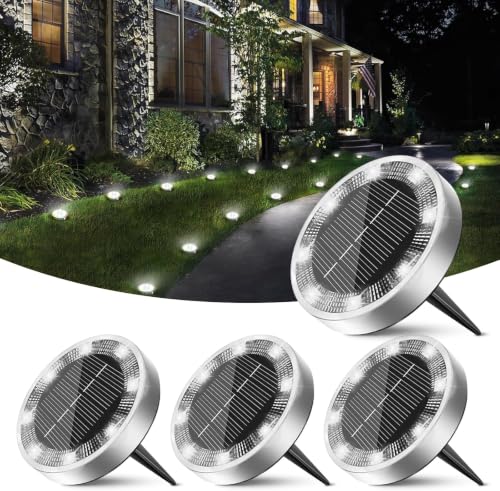 Image of XERGY Outdoor Mini Solar Powered Ground Lights, Flat Disc Light, IP68 Waterproof, Anti-Rust, Landscape Lighting for Pathway, Garden, Lawn Walkway, Driveway Cool White (Pack of 4)