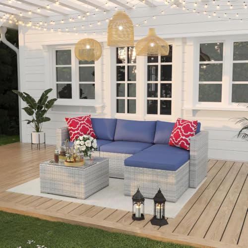 Image of GAOMON 5-Piece Outdoor PE Wicker Patio Sofa Set, All-Weather Modular L-Shaped Sectional with Ottoman, Glass-Top Coffee Table, Thick Cushions & Accent Pillows