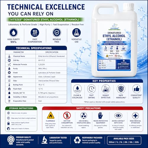 Image of VITSZEE Denatured Ethyl Alcohol 1L (Ethanol) | Laboratory & Perfume Grade | 99% Purity | Multi-Purpose Solvent | Fast Evaporation | Residue-Free Cleaning