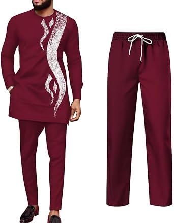 2 Piece Mens African Dashiki Suits Slim Fit O-Neck Print Nigerian Outfits Formal Casual Attire Cocktail Wedding Wear