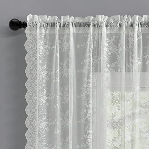 Kotile Ivory Lace Curtains 72 Inches Long - Antique Lace Curtains For Bedroom, Rustic Branch Floral Sheer Lace Curtains, Privay Window Lace Curtain Panels, 52 X 72 Inch, 2 Panels, Ivory/Cream #TOP2