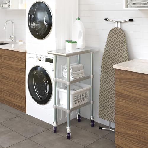 Image of AmGood Stainless Steel Work Table with 2 Shelves and Casters | Metal Utility Table On Wheels (Stainless Steel Work Table with 2 Shelves + Casters, 12 inch Long x 24 inch Deep)