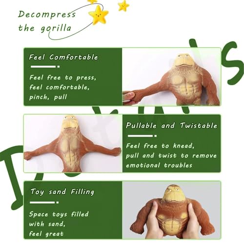 peiyee Gorilla Stressabbau Spielzeug, Gorilla Figur Zum Stressabbau, Gummi Squishy Monkey, Stretch AFFE Spielzeug, Antistress Spielzeug für Kinder und Erwachsene(Klein)