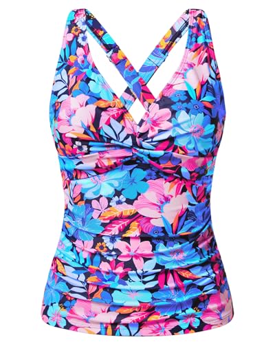 Women Underwire Tankini Top Only - Tummy Control Bathing Suit Top Twist Front Swim Top Criss Cross Back Swimsuit 2025 Blue Multicolor L