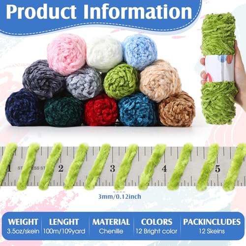 Image of Timgle 12 Pack Chenille Yarn for Crocheting, Soft Velvet Yarn 1312 Yards, 3 mm Thick Fluffy Plush for Hand Knitting Weaving Sweater Shawl Scarf Gloves DIY Craft, 109 Yards Each(Multicolor)