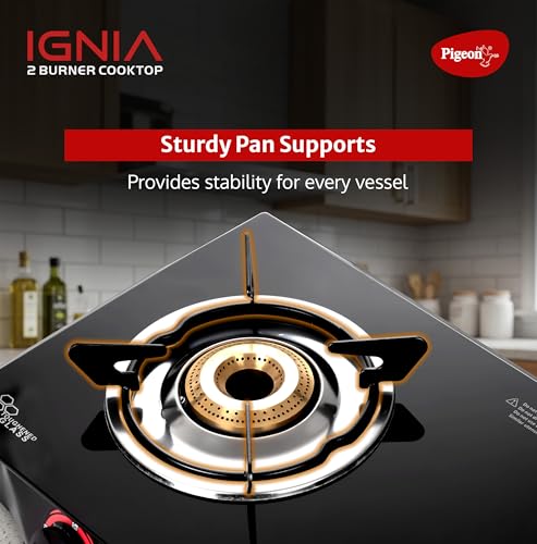 Image of Pigeon Ignia 2 Burner Gas Stove | Brass Burner | Easy Cleaning | Toughened Glass | 2 year Warranty