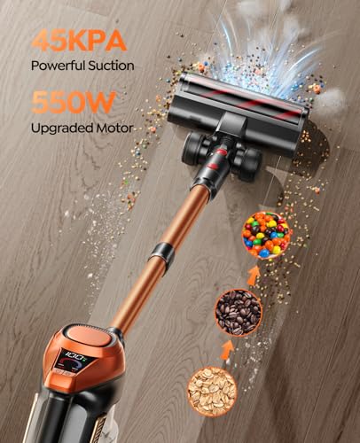 Cordless Vacuum Cleaner, 550W/45Kpa Vacuum Cleaners for Home with LED Screen, Max 60 Mins Runtime, Noise Reduction Tech, Anti-Tangle Stick Vacuum for Pet Hair Carpet and Hardfloor