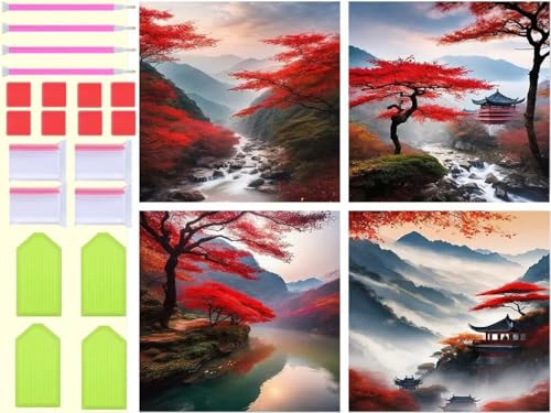 Diamond painting paysage d'automne lot de 4 kits complets 40x40cm T-1086