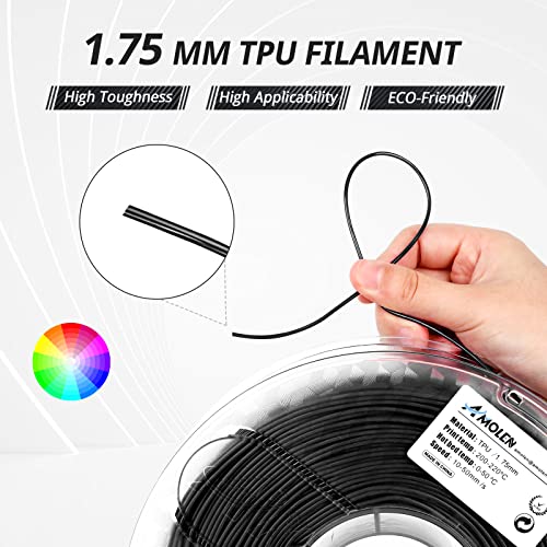 Image of AMOLEN 95A TPU 3D Printer Filament 1.75mm, High Hardness & Resilience TPU Basic Black Filament, 1KG Flexible 3D Filament, Dimensional Accuracy + /- 0.02mm, Suitable for Most FDM 3D Printers