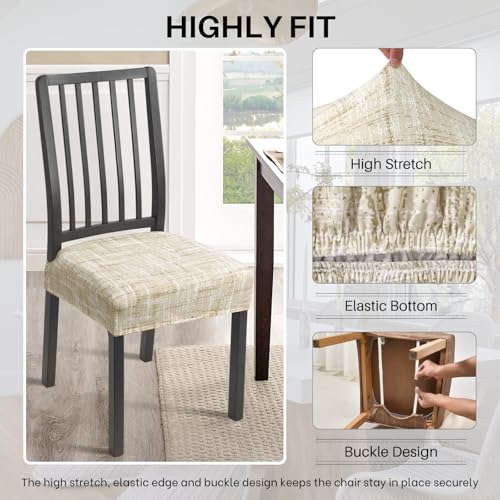 Image of Stretch Dining Chair Seat Covers Set of 6, Soft Removable Washable Seat Covers for Dining Chairs, Dining Room Seat Cover Protector (Rear-Covered, Beige Linen-Look Print)