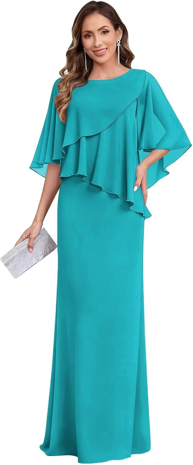 Flowy Ruched Chiffon Mother of The Bride Dresses 2 Pieces Formal Wedding Guest Dress with Jacket