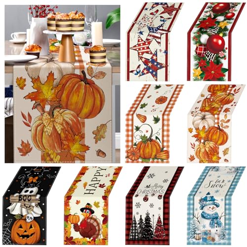 8 Pcs Fall Holiday Seasonal Table Runner Autumn Pumpkin Plaid Leaves Table Runner Thanksgiving Halloween Christmas Winter Kitchen Dining Decor for Party Supplies Home