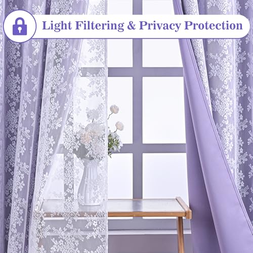 Image of Yinhua Purple Blackout Curtains for Bedroom Double Layer Nursery Curtains for Living Room 63 Inch Length 2 Panels Set Kid Curtain with Floral Sheer Overlay, Grommet Drapes with Tiebacks, 52 inch W x 63 inch L