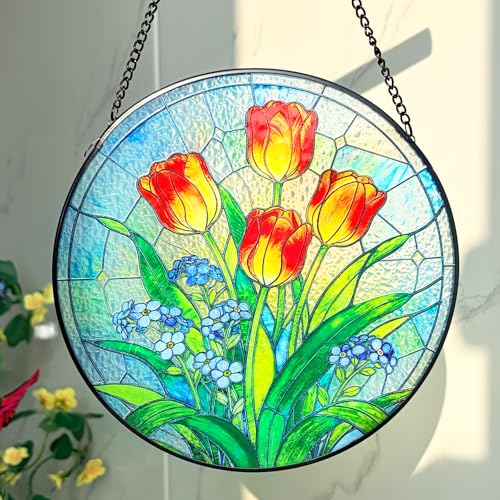 Katinyos 8 Inch Stained Glass Window Hanging, Sun Catcher with Metal Chain and Hooks, Decorative Stained Glass Panel for Garden & Patio (Tulip)