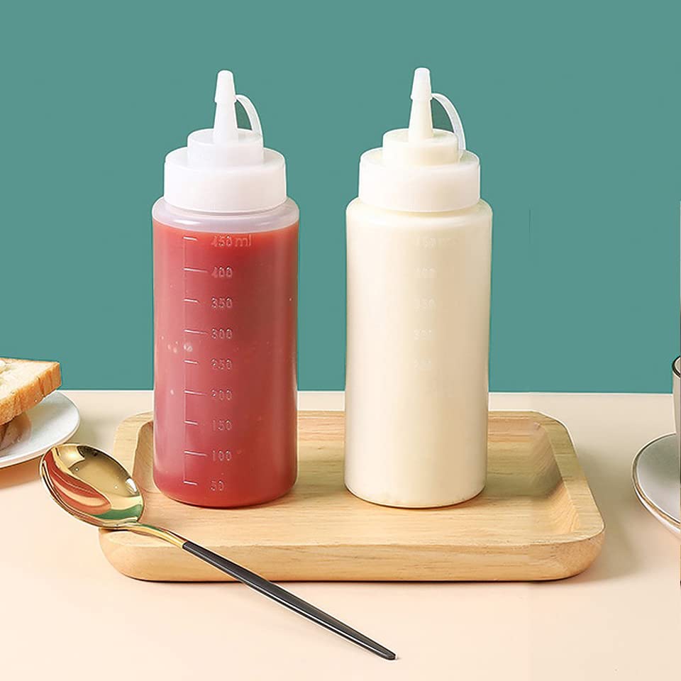 wolpin Pack of 2 Pcs Kitchen Sauce Bottle Dispenser Plastic Squeeze Bottle Condiment Dispenser for Sauce Vinegar Oil Ketchup Cruet Bottles Ketchup Dispenser, 450 ml, White