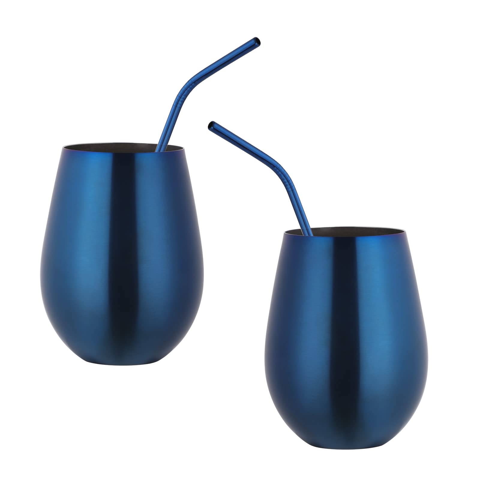 TEAHAHA 17 oz Stainless Steel Stemless Wine Glass Set of 2 with Straw，Outdoor Portable Wine Tumbler for The Pool, Camping,Cookouts， Unbreakable, Shatterproof Metal Drinking Tumblers (Blue)