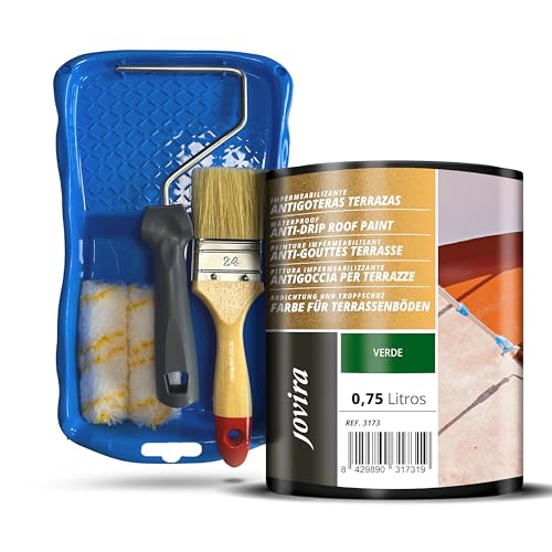 JOVIRA PINTURAS Impermeabilizante Antigoteras, Pintura de terrazasy todo tipo de cubiertas + Minicubeta, 2 Mini Rodillos Antigota, Varilla y Paletina (750 Mililitros, Verde + Minikit)